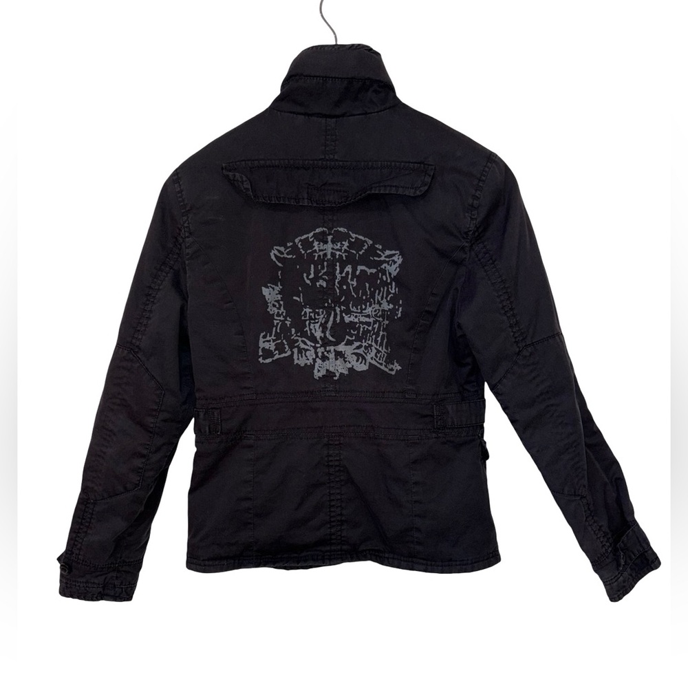 GINGER Black Cotton Utility Jacket Graphic Back Military Style Size M